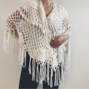 Cream Crochet Fringe Poncho Shawl Handmade Crochet New